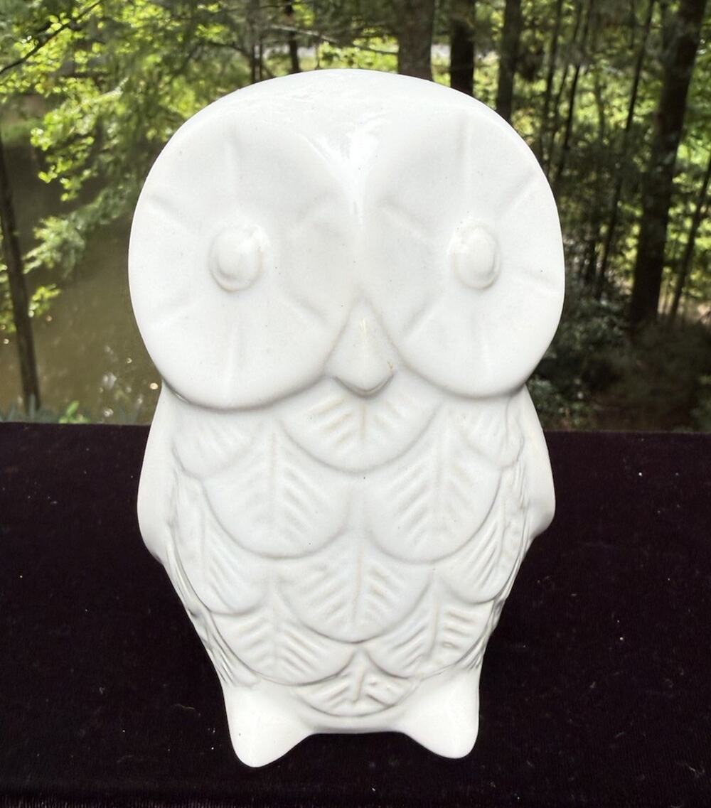 White Ceramic Wide Eye Owl White Figurine Bird Collectible 6" Tall EUC